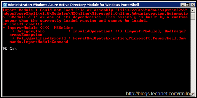 Azure AD PowerShell Module - This assembly is built by a runtime newer than the currently loaded runtime and cannot be loaded