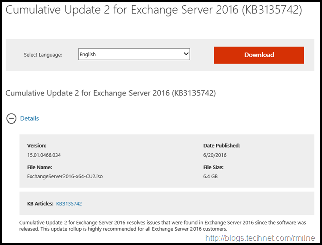 Exchange 2016 CU2 Download