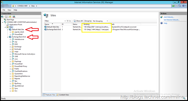 Exchange 2013 CU10 View Of IIS Manager