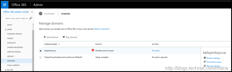 Office 365 Admin Center - DNS Possible Service Issues