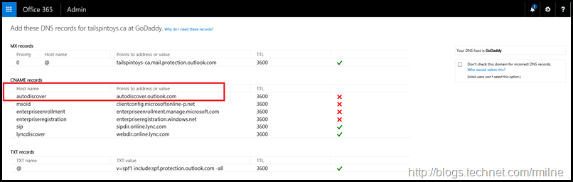 Office 365 Admin Center - Add The Following DNS Entries