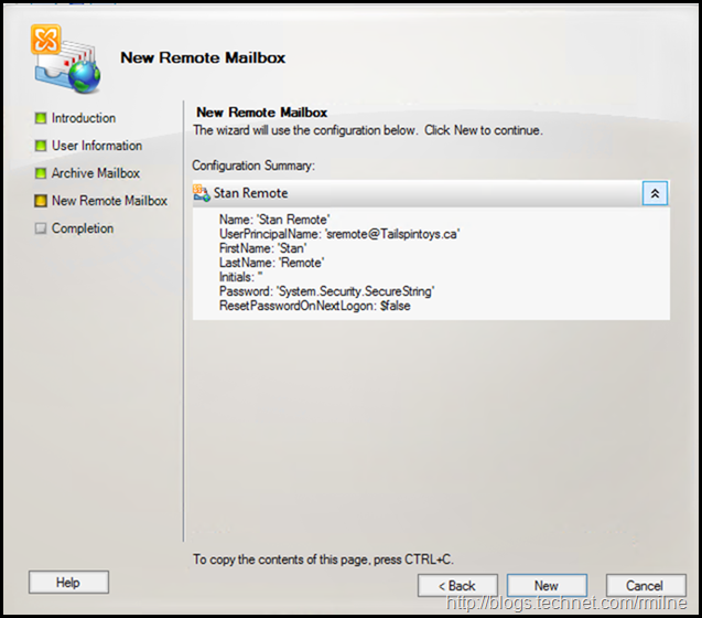 Creating New Remote Mailbox in Exchange 2010 MMC - Confirmation