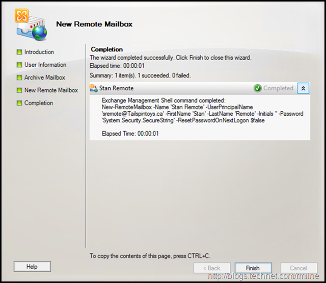 Creating New Remote Mailbox in Exchange 2010 MMC - Completion Summary