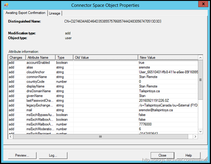 Reviewing Synchronised Object Attributes in Azure AD Connect - Details Shown for Stand Remote Mailbox