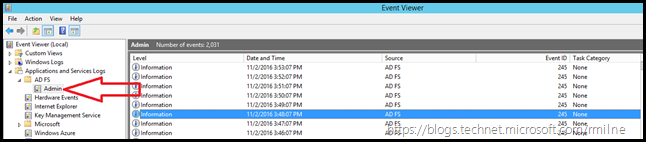 Opening AD FS Admin Log In Event Viewer