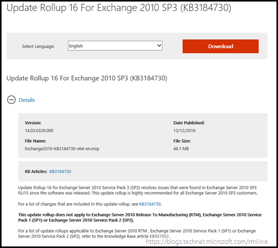 Exchange 2010 SP3 RU16 Download