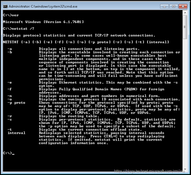 Windows 7 SP1 Netstat Options