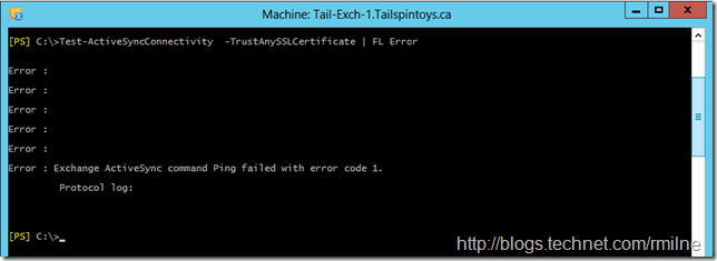 Exchange ActiveSync command Ping failed with error code 1