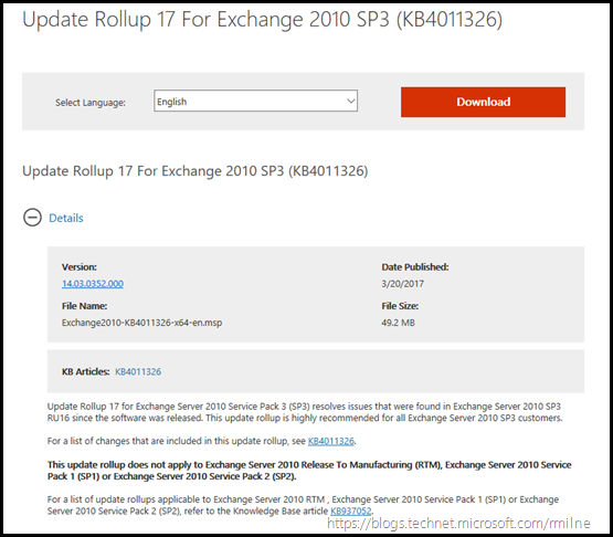 Exchange 2010 SP3 RU17 Download