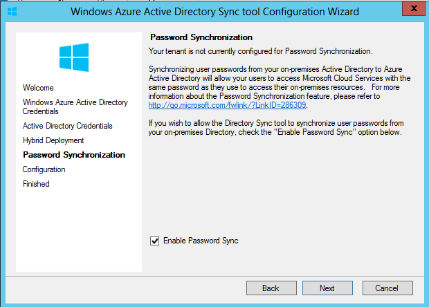 Windows Azure Active Directory Sync Tool Enable Password Sync