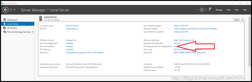 Server Manager Higlighting Where to Mange IE Enhanced Security Configuration Settings