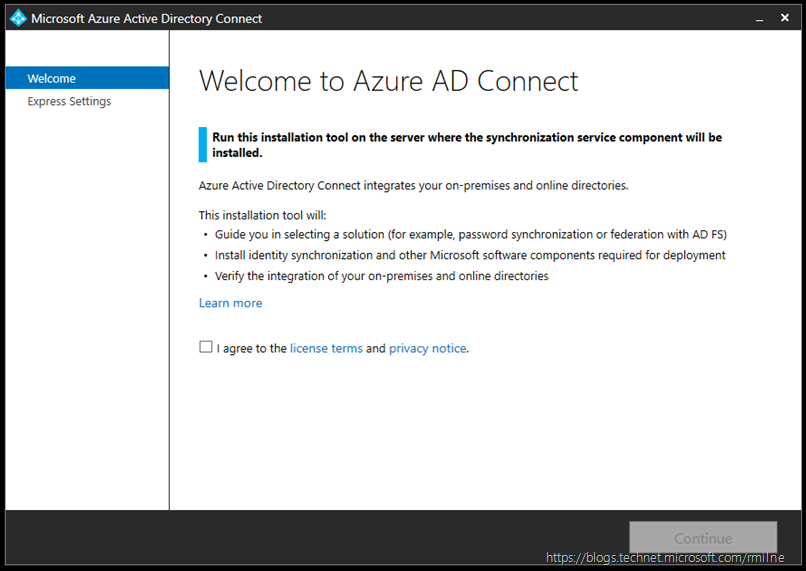 Installing AAD Connect - Welcome Screen