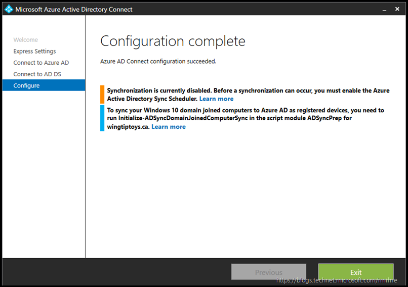 Installing AAD Connect - Configuration Complete