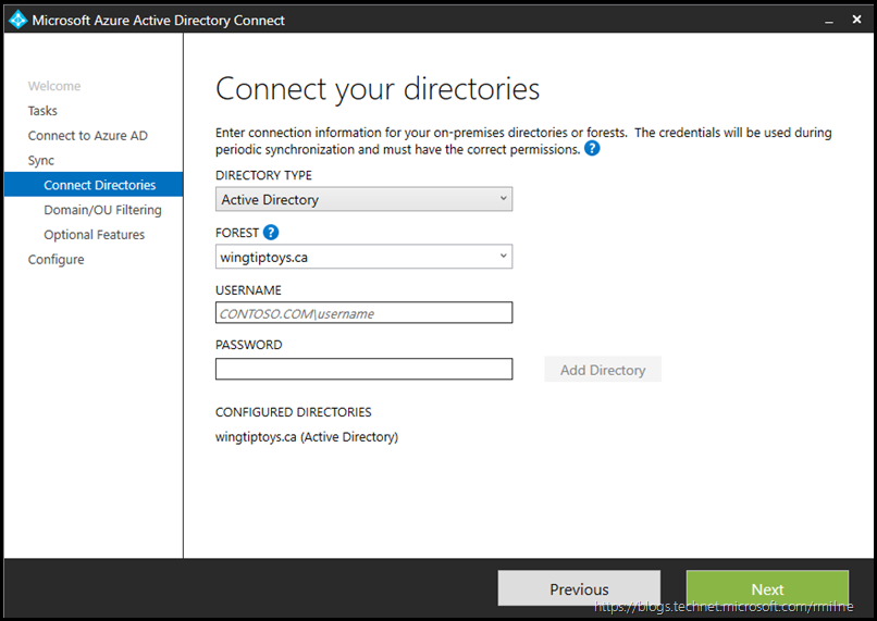 Azure AD Connect - Customize Synchronization Options - Connect to Azure AD - Connect to AD