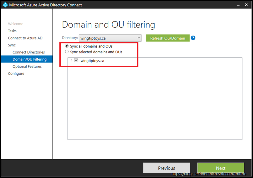 Azure AD Connect - Customize Synchronization Options - Connect to Azure AD - Domain and OU Filtering