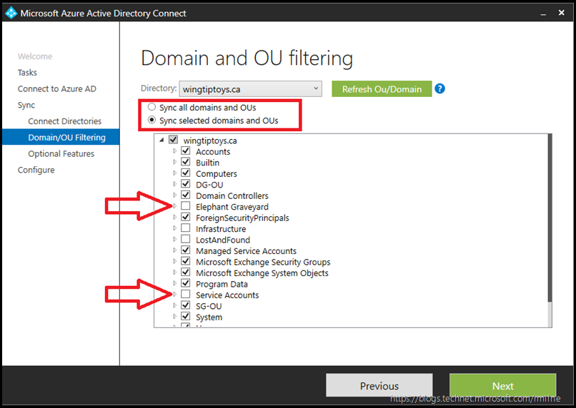 Azure AD Connect - Customize Synchronization Options - Connect to Azure AD - Domain and OU Filtering