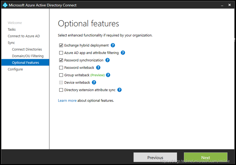 Azure AD Connect - Customize Synchronization Options - Connect to Azure AD - Optional Features