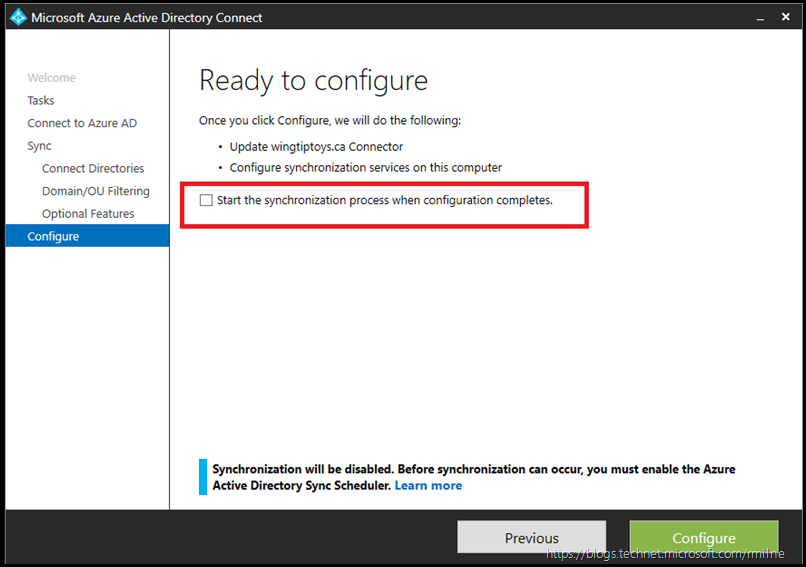 Azure AD Connect - Customize Synchronization Options - Connect to Azure AD - Ready to Configure