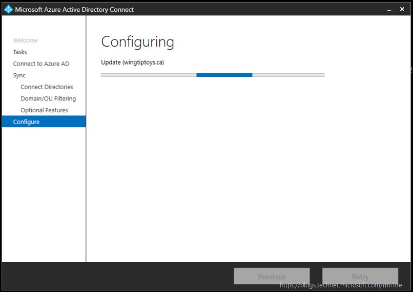 Azure AD Connect - Customize Synchronization Options - Connect to Azure AD - Configuring
