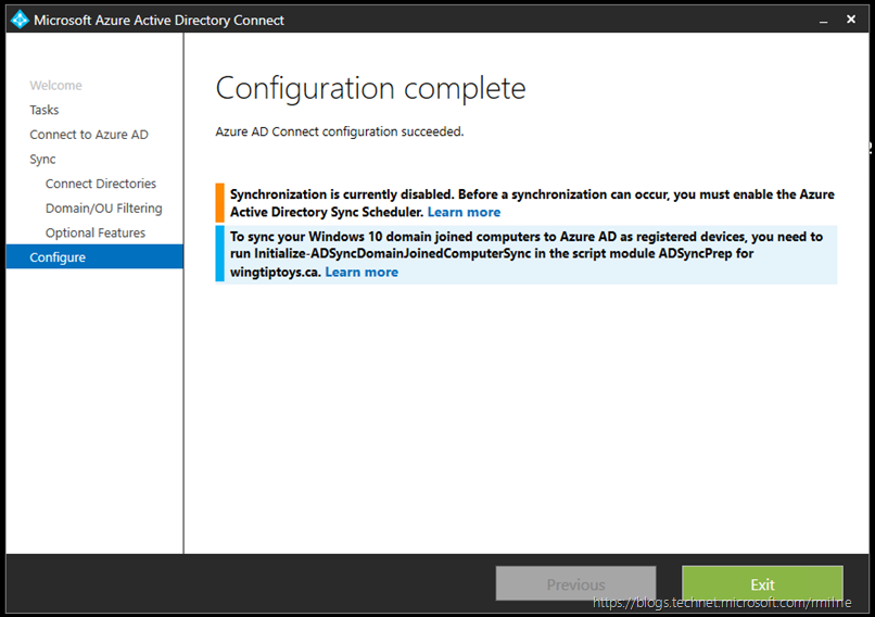 Azure AD Connect - Customize Synchronization Options - Connect to Azure AD - Configuration Complete