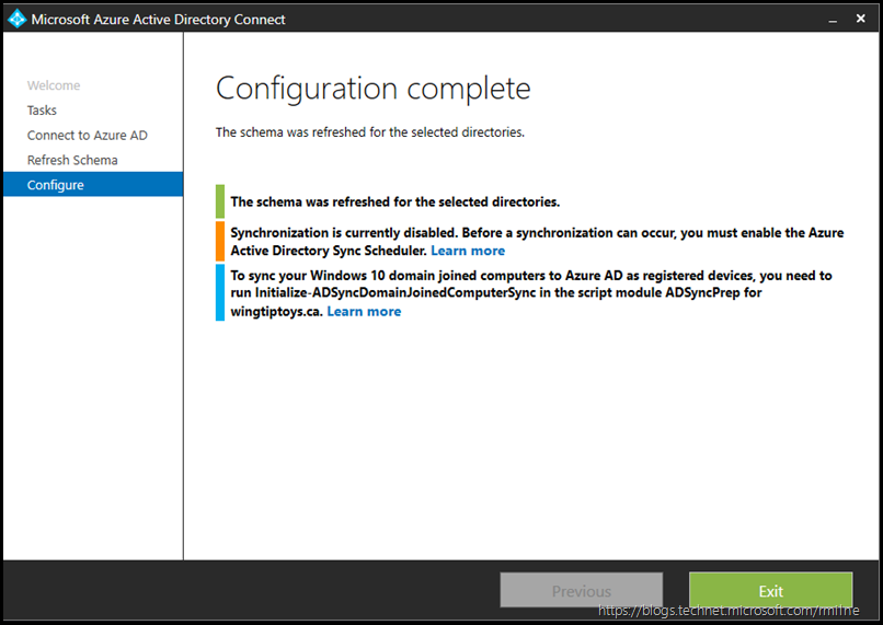 Azure AD Connect - Refresh Directory Schema - Ready to Configuration Complete