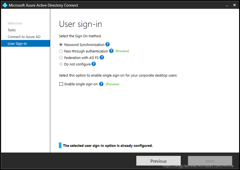 Azure AD Connect - Change User Sign-In - Select Sign-In Option