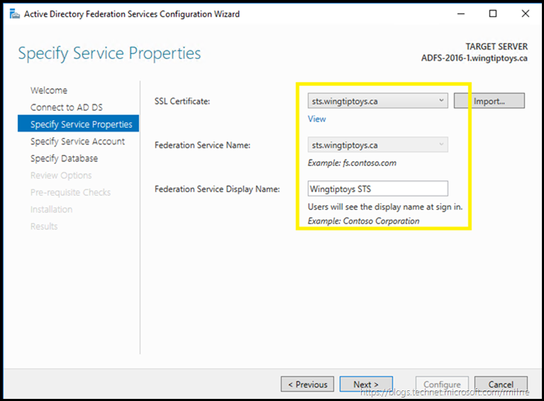 AD FS 2016 Configuration - Service Properties Configured