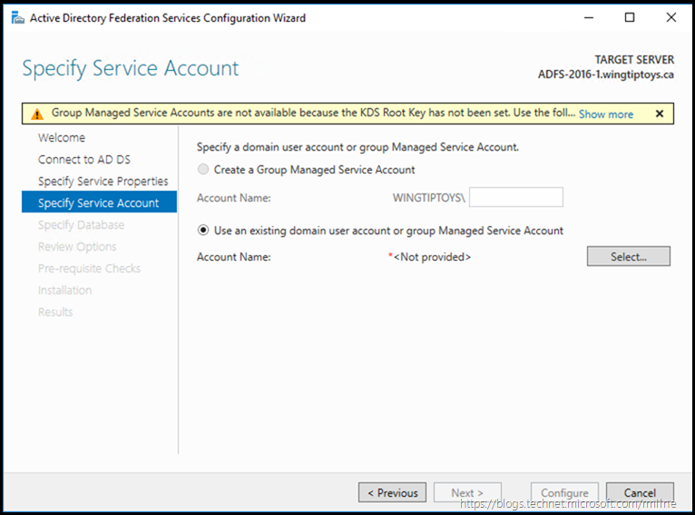 AD FS 2016 Configuration - Specify Service Account