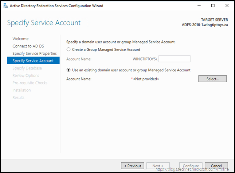 AD FS 2016 Configuration - Specify Service Account