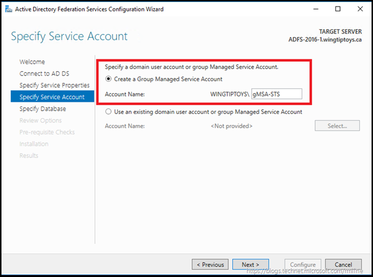 AD FS 2016 Configuration - Specifed Service Account