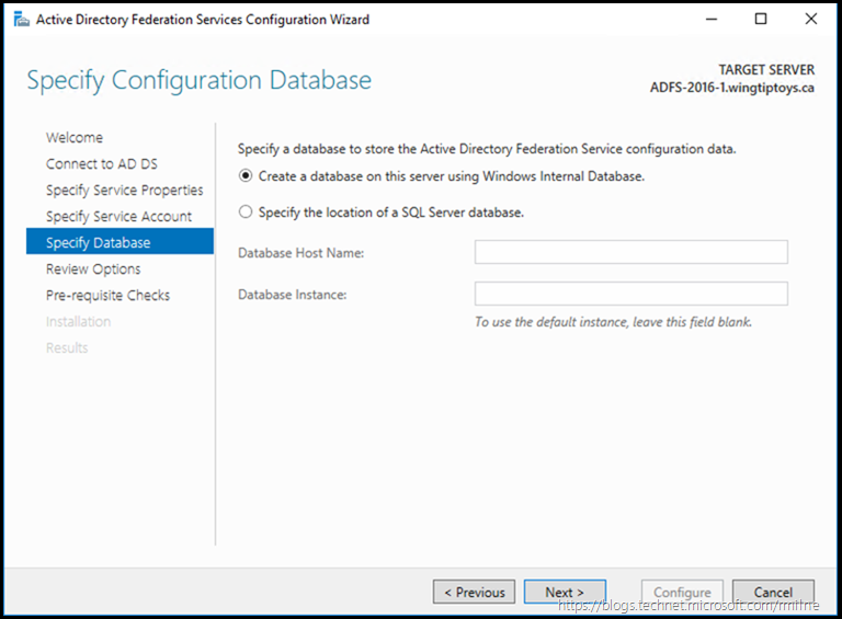AD FS 2016 Configuration - Specifed Configuration Database