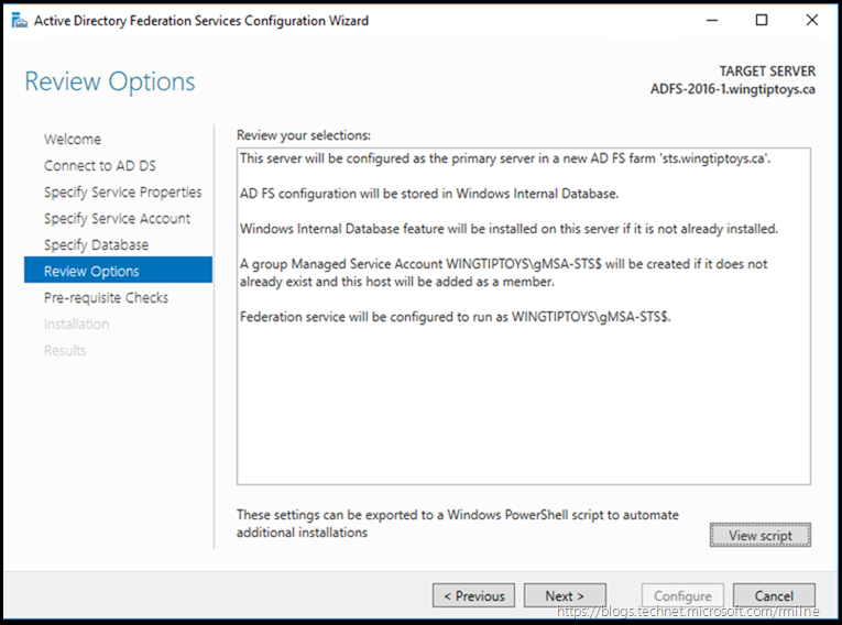 AD FS 2016 Configuration - Review Options