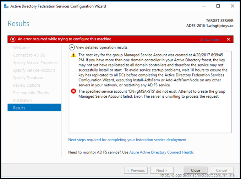 AD FS 2016 gMSA Service Account Does Not Exist