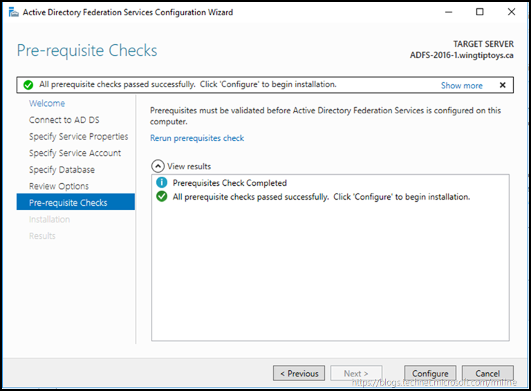 AD FS 2016 Configuration - Pre-Requisite Checks Passed