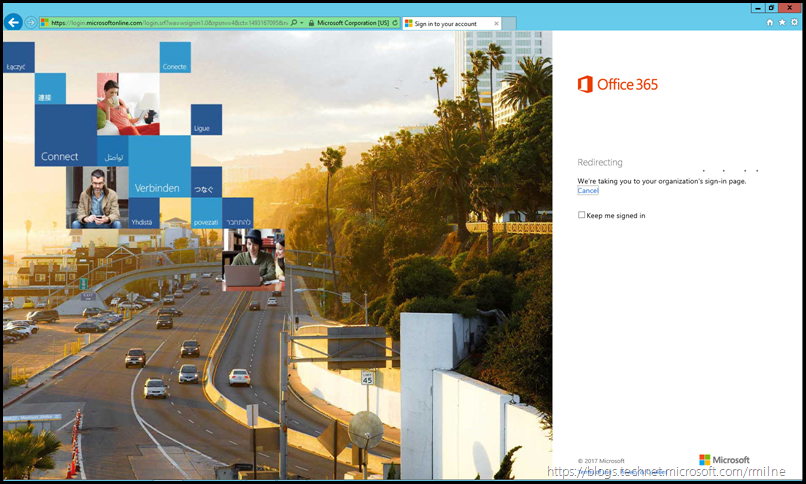 Office 365 Logon Page - Redirection In Progress
