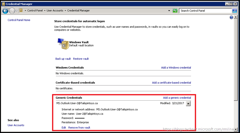 Outlook 2010 Credential Manager Credentials