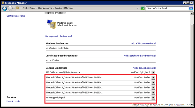 Outlook 2016 Credential Manager Credentials