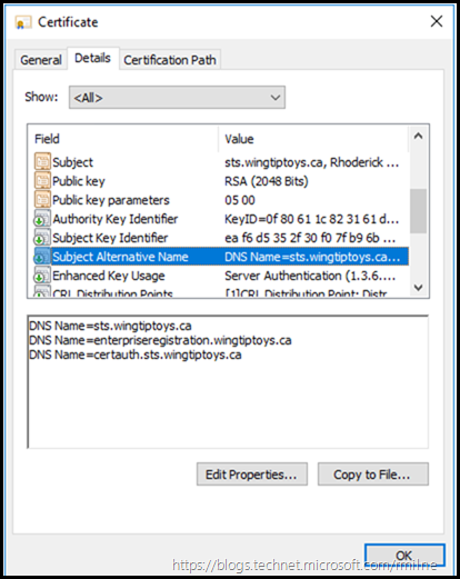 Reviewing AD FS Certificate - Note SAN Entries