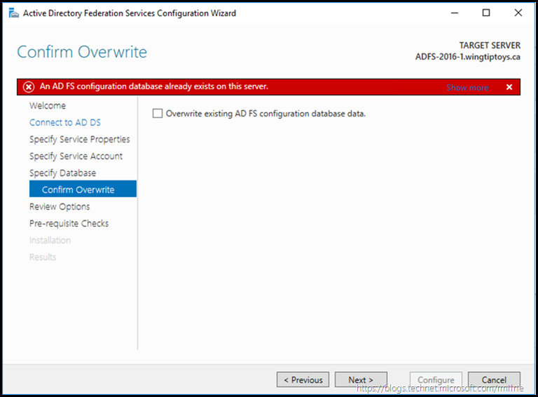 Installing AD FS 2016 - Configuration Database Already Exists