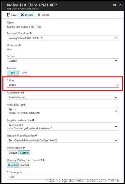Editing Azure VM NAT Rule for RDP Access on TCP 49999