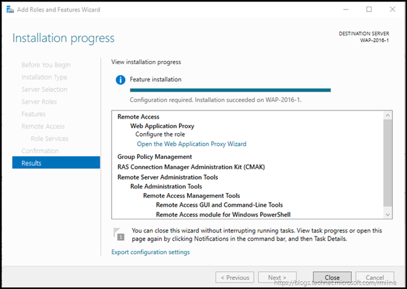 Windows Server 2016 Web Application Proxy Installation Completed