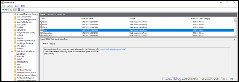 WAP 2016 Application Event Log - Applications and Services LogsMicrosoft-Windows-Web Application Proxy/Admin