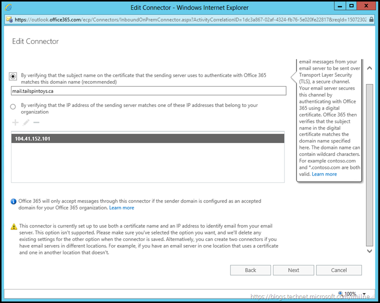 Hybrid Mail Flow Inbound Connector Details