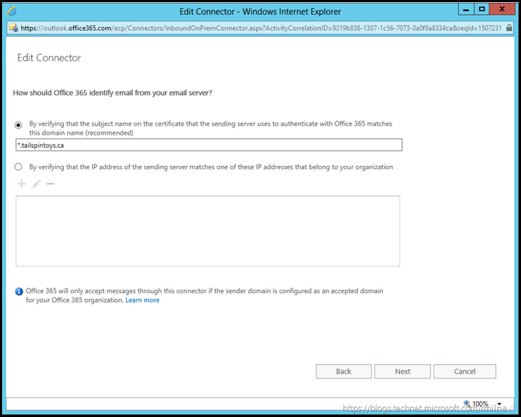 Newer Hybrid Mail Flow Inbound Connector  - Inbound From - Details