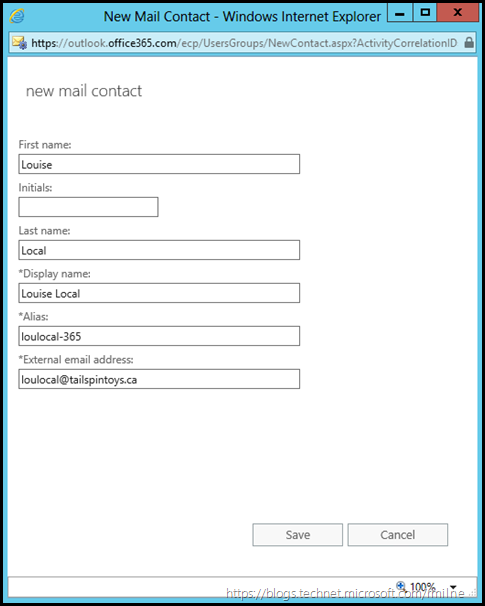 Exchange Admin Centre - Create Contact Detail