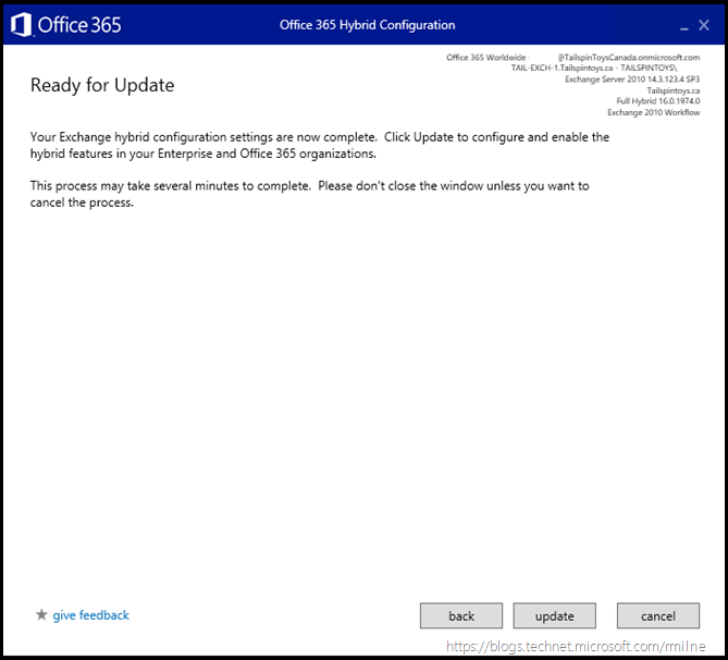 Running Office 365 Hybrid Configuration Wizard - Start Update