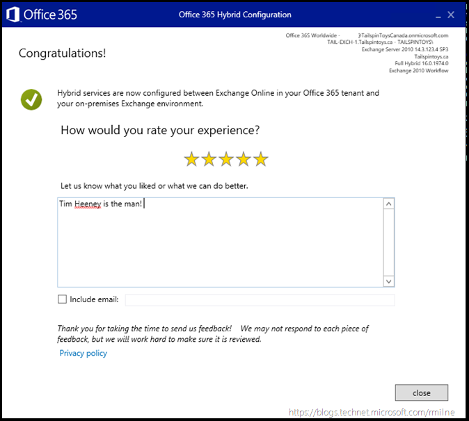 Running Office 365 Hybrid Configuration Wizard - Completed