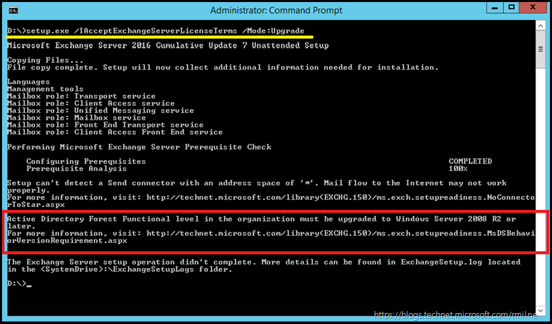 Exchange 2016 CU7 Setup Checks for Windows 2008 FFL - Running Upgrade