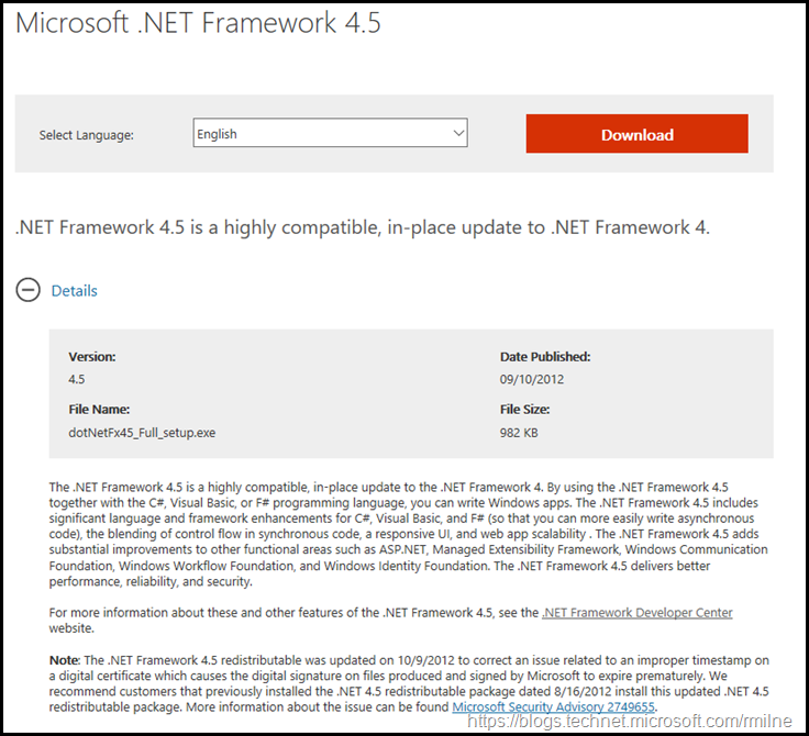 Download .NET Framework 4.5 Standalone Installer