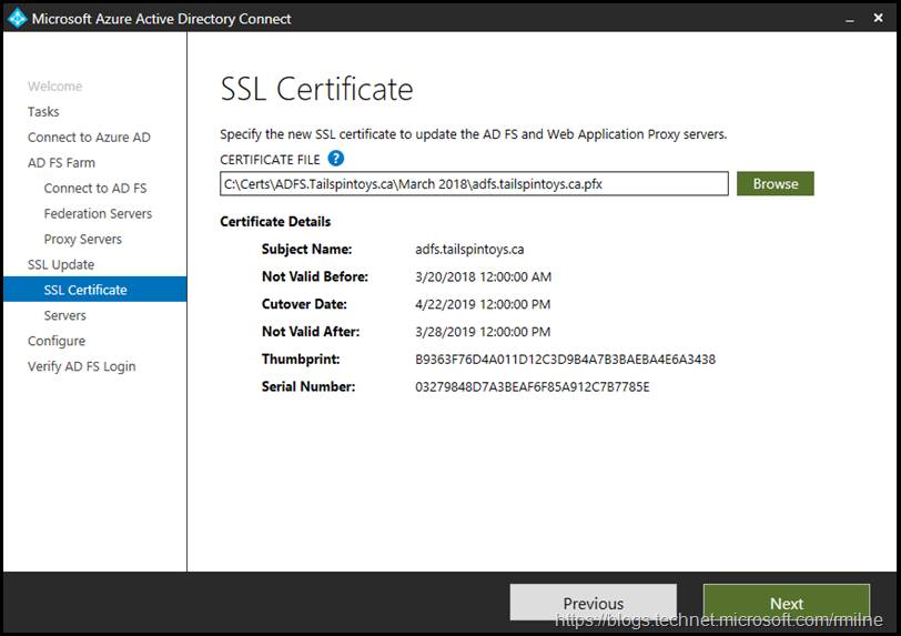 Azure AD Connect - Provided SSL Certificate Details